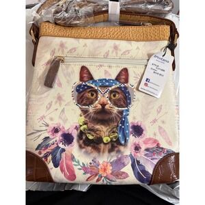 Brentano Boho Boo Cat Crossbody Bag Floral Studded CJ11258 Cream Brown NEW